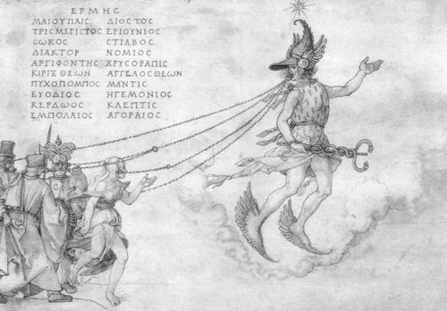 Drer, Albrecht: Ambraser Kunstbuch: Allegorie auf die Beredsamkeit (Hermes mit vier irdischen Gestalten: Frau, Krieger, Gelehrter und Brger)