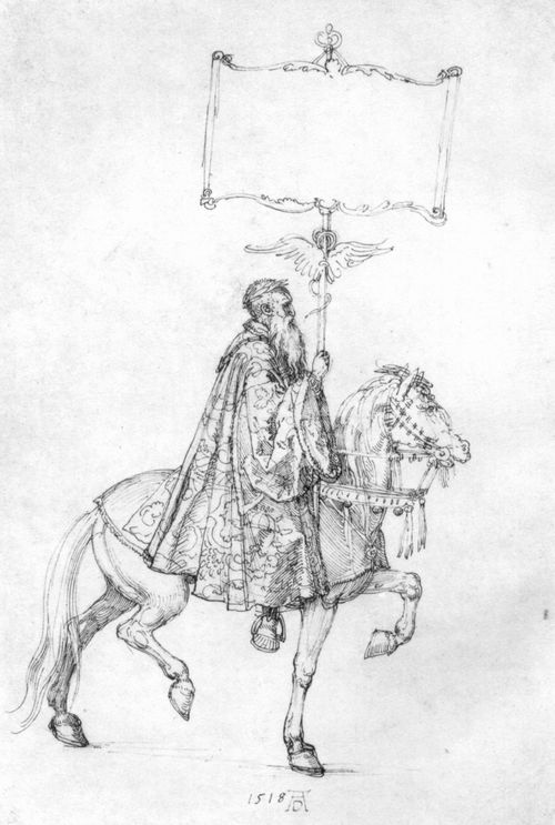 Drer, Albrecht: Der groe Triumphwagen, Detail: Greis zu Pferde (Joh. Stabius, Hofdichter Maximillians) als Standartentrger