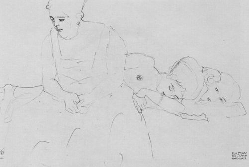 Klimt, Gustav: Dicke sitzende Frau im Vordergrund, hinter ihr zwei Liegende