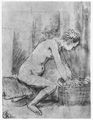 Rembrandt Harmensz. van Rijn: Weibliches Aktmodell, im Profil, die Hnde auf einen Korb gesttzt, Mnnerkopf im Hintergrund