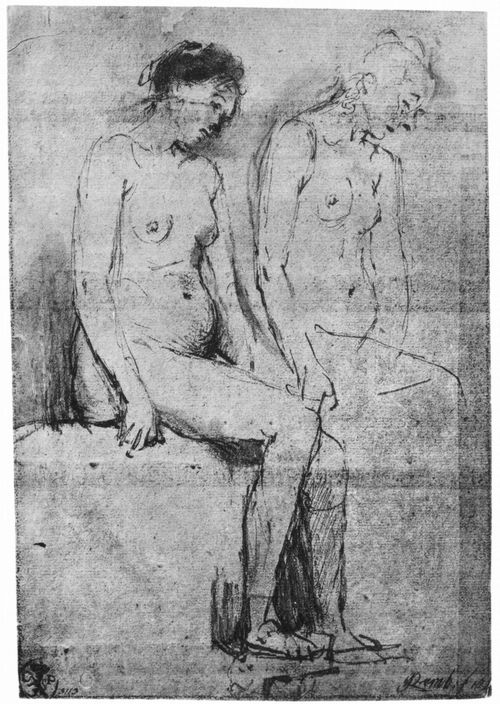 Rembrandt Harmensz. van Rijn: Studienblatt, Zwei weibliche Akte, sitzend, im Halbprofil