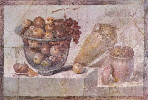 Pompejanischer Maler um 70: Stillleben mit Frchtekorb und Vasen