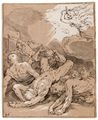 Bloemaert, Abraham: Illustration zu »Abraham Bloemaerts Zeichenschule«, 3. Ausgabe, Sieben Männer von einem Engel niedergeschlagen