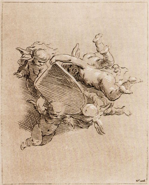 Bloemaert, Abraham: Illustration zu »Abraham Bloemaerts Zeichenschule«, 3. Ausgabe, Fnf Engel mit einem leeren Wappen