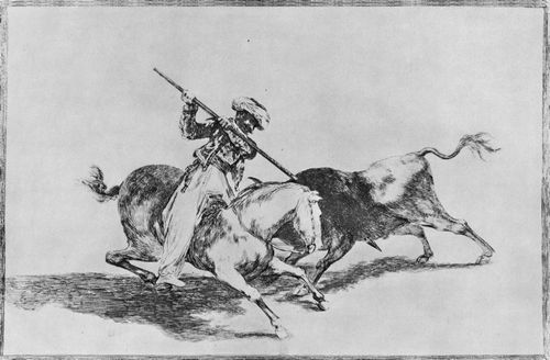 Goya y Lucientes, Francisco de: Folge der »Tauromaquia«, Blatt 03: Die in Spanien angesiedelten Mauren nahmen, ohne sich von den aberglubischen Vorschriften des Korans abhalten zu lassen, diese Art des Jagens und Kmpfens an: sie tten einen Stier auf freiem Feld mit der Lanze