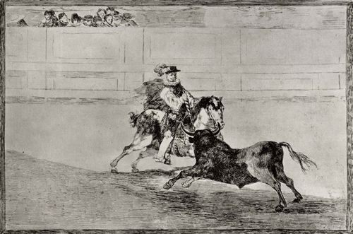 Goya y Lucientes, Francisco de: Folge der »Tauromaquia«, Blatt 13: Ein spanischer Ritter stt den Stier mit dem Wurfspie ohne Hilfe der Knechte
