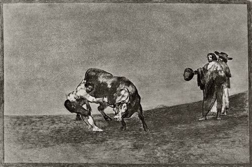 Goya y Lucientes, Francisco de: Folge der »Tauromaquia«, Blatt 16: Derselbe fat mit den Hnden den Stier in der Arena von Madrid