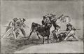 Goya y Lucientes, Francisco de: Folge der »Tauromaquia«, Blatt 17: Ein Schutzzaun, von den Mauren aus Eseln gebildet, um sich gegen den Stier zu verteidigen, dessen Hrnerspitzen mit Kugeln entschrft sind