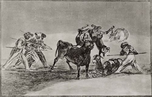Goya y Lucientes, Francisco de: Folge der »Tauromaquia«, Blatt 17: Ein Schutzzaun, von den Mauren aus Eseln gebildet, um sich gegen den Stier zu verteidigen, dessen Hrnerspitzen mit Kugeln entschrft sind