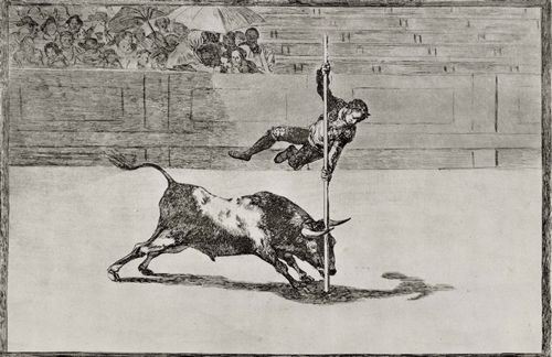 Goya y Lucientes, Francisco de: Folge der »Tauromaquia«, Blatt 20: Behendigkeit und Waghalsigkeit des Juanito Apinai in der Arena von Madrid