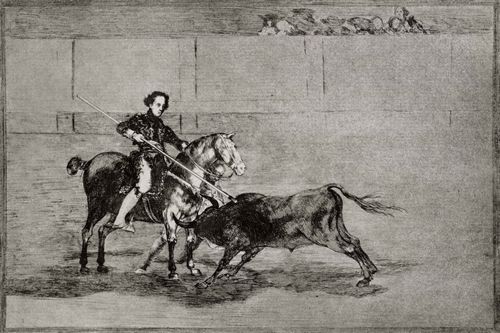 Goya y Lucientes, Francisco de: Folge der »Tauromaquia«, Blatt 22: Mnnlicher Mut der berhmten Payuelera in der Arena von Saragossa