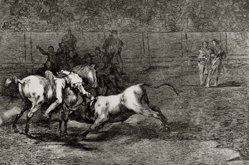 Goya y Lucientes, Francisco de: Folge der »Tauromaquia«, Blatt 23: Mariano Ceballos, alias el Indio, ttet den Stier vom Rcken seines Pferdes aus
