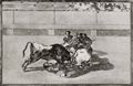 Goya y Lucientes, Francisco de: Folge der »Tauromaquia«, Blatt 26: Sturz eines Picadors vom Pferd unter den Stier