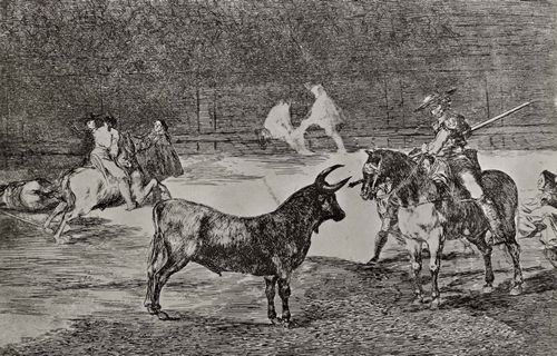 Goya y Lucientes, Francisco de: Folge der »Tauromaquia«, Blatt 27: Der berhmte Fernando del Toro hlt mit seiner Pike den Stier in Schach