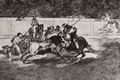 Goya y Lucientes, Francisco de: Folge der »Tauromaquia«, Blatt 28: Der tapfere Rendon stößt den Stier mit der Lanze und tötet ihn mit diesem einen Hieb in der Arena von Madrid