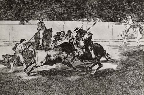 Goya y Lucientes, Francisco de: Folge der »Tauromaquia«, Blatt 28: Der tapfere Rendon stt den Stier mit der Lanze und ttet ihn mit diesem einen Hieb in der Arena von Madrid