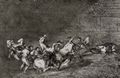 Goya y Lucientes, Francisco de: Folge der »Tauromaquia«, Blatt 32: Zwei Gruppen von Picadores werden hintereinander von einem Stier niedergeworfen