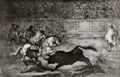 Goya y Lucientes, Francisco de: Folge der »Tauromaquia«, Blatt A: Picador, von einem Fußknecht unterstützt, stößt den Wurfspieß gegen einen Stier
