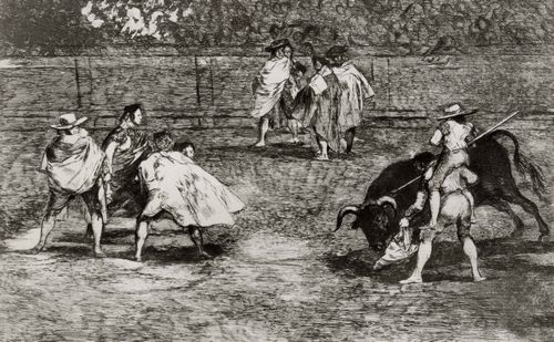 Goya y Lucientes, Francisco de: Folge der »Tauromaquia«, Blatt D: Ein Lanzentrger, auf den Schultern eines Stierkmpfers reitend, stt den Stier