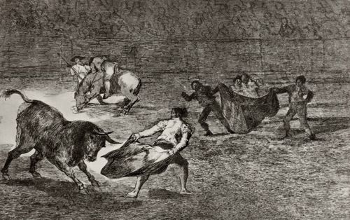 Goya y Lucientes, Francisco de: Folge der »Tauromaquia«, Blatt K: Ein Stierfechter reizt den Stier in Rckwrtswendung