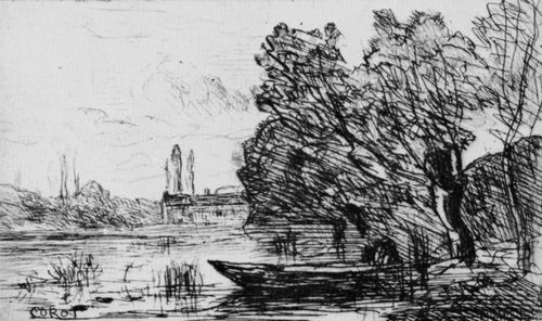 Corot, Jean-Baptiste Camille: Ville d' Avray, Schiff unter Weiden (Morgendmmerung)