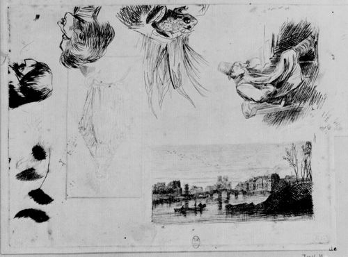 Daubigny, Charles-Franois: Studie mit fnf Motiven: Blick auf Notre-Dame von Paris und die le Saint-Louis, ein Frosch, zwei Karikaturen, eine Madonna und ein Lesender