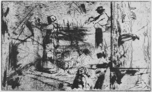 Millet (II), Jean-Franois: Blatt mit drei Motiven: eine Frau, Wsche aufhngend, ein sich ausruhender Arbeiter und ein sitzender Bauer
