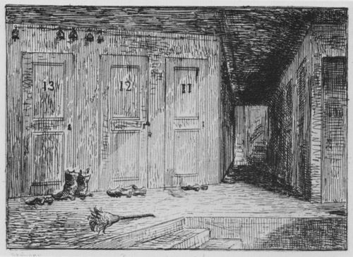 Daubigny, Charles-Franois: Folge »Album du Voyage en bateau«, Im Gasthof (Korridor eines Gasthofes), erste Fassung