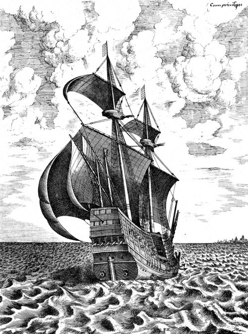 Bruegel d. ., Pieter: Folge der »Meeresschiffe«, Mit Kanonen bestcktes Segelschiff