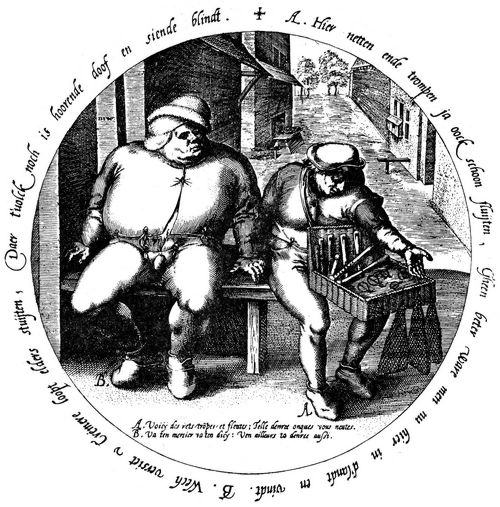 Bruegel d. ., Pieter: Folge der »Zwlf flmischen Sprichwrter«, Jeder Hndler preist seine Ware an, Tondo