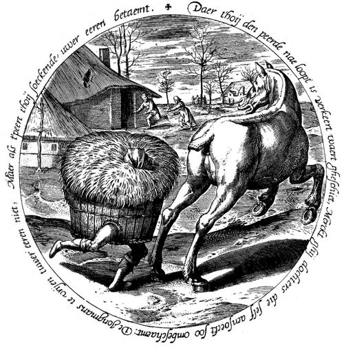 Bruegel d. ., Pieter: Folge der »Zwlf flmischen Sprichwrter«, Das Heu rennt dem Pferd hinterher, Tondo