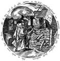Bruegel d. ., Pieter: Folge der »Zwlf flmischen Sprichwrter«, Nur ein Egoist wrmt sich an einem brennenden Haus, Tondo