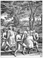 Bruegel d. Ä., Pieter: Folge der »Pilgerschaft der Epileptiker nach Saint-Jean in Molenbeeck«, Gruppe von Bauern, die zwei Frauen stützen, nach rechts gehend