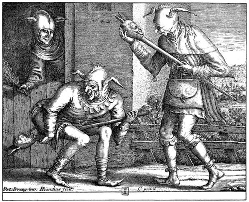 Bruegel d. ., Pieter: Karnevalsszene, Zwei Narren, die mit ihrem Narrenzepter spielen