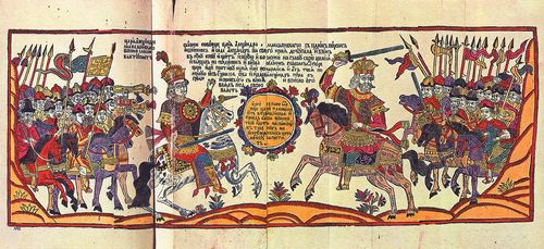 Russischer Holzschneider vom 1. Viertel des 18. Jahrhunderts: Der ruhmreiche Kampf zwischen Alexander dem Grossen und Porus, Knig von Indien
