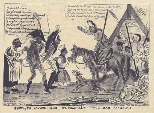 Russischer Kupferstecher um 1813: Die Franzosen, ausgehungerte Ratten, werden von der Dorfltesten Wasilisa vorgefhrt