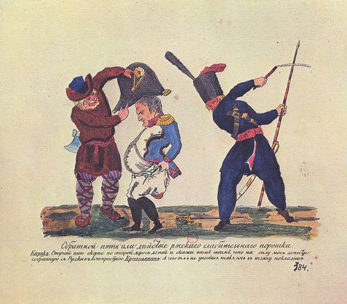 Russischer Kupferstecher um 1813: Der Rckzug oder die Folgen des russischen Abfhrmittels (Karikatur auf Napoleon)