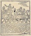 Russischer Holzschneider vom Ende des 18. Jahrhunderts: Vier liebende Herzen verbringen die Zeit mit Spielen und Scherzen