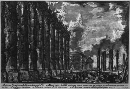 Piranesi, Giovanni Battista: Das Marsfeld im antiken Rom, Blatt XXXIV, Die berreste des Tempels des Antoninus Pius