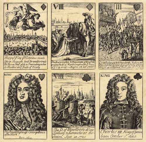 Englischer Radierer um 1708: Spielkarten mit der Darstellung der Siege des Herzogs von Marlborough von 1702-1706
