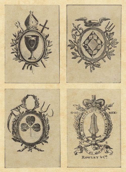 Englischer Kupferstecher um 1775: Spielkarten der sogenannten »Court Cards«: Herz-As, Karo-As, Kreuz-As, Pik-As