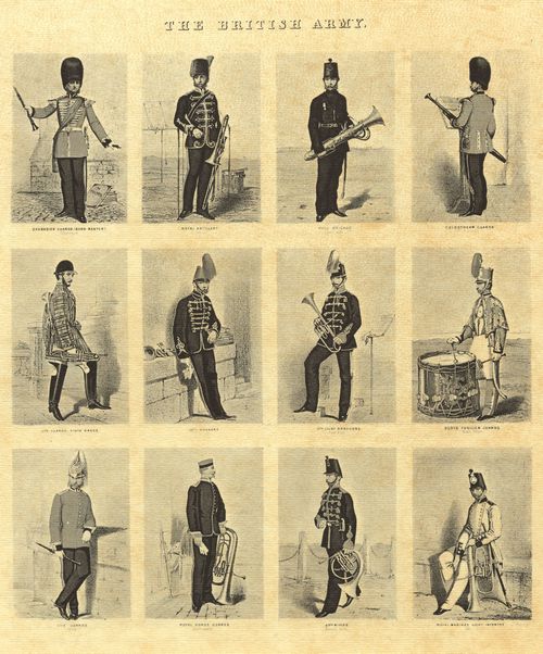 Englischer Lithograph um 1855: Die Uniformen der britischen Armee