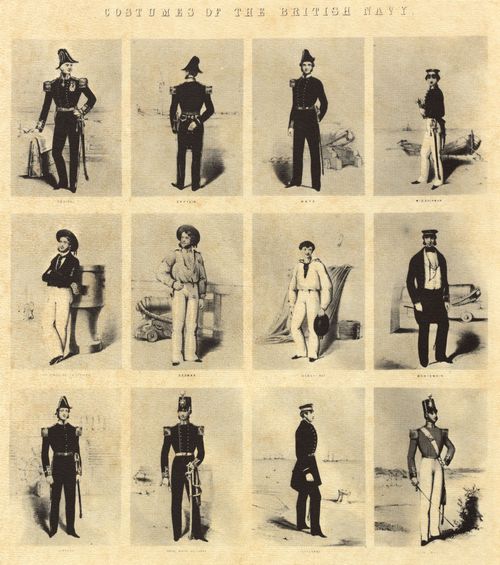 Englischer Lithograph um 1855: Die Uniformen der britischen Marine