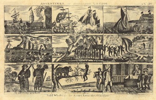 Englischer Holzstecher um 1780 aus Glasgow: Die Abenteuer des Robinson Crusoe