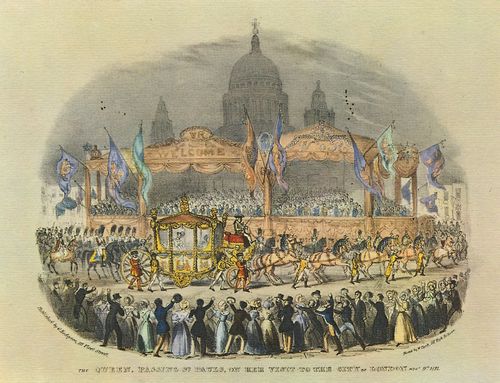 Londoner Lithograph um 1837: Aufzug der Königin an der St.-Paulus-Kathedrale bei ihrem Besuch der Londoner City