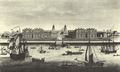 Englischer Radierer um 1780: Ansicht des Königlichen Hospitals in Greenwich von der Themse aus