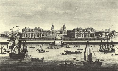 Englischer Radierer um 1780: Ansicht des Kniglichen Hospitals in Greenwich von der Themse aus