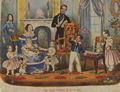 Englischer Lithograph um 1847: Die kleinen Prinzen und Prinzessinnen in ihrem Spielzimmer. Knigin Viktoria mit Prinz Albert und dem kniglichen Nachwuchs sowie einem Kindermdchen