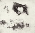 Rembrandt Harmensz. van Rijn: Studienblatt mit Selbstportrt und einem Bettlerpaar
