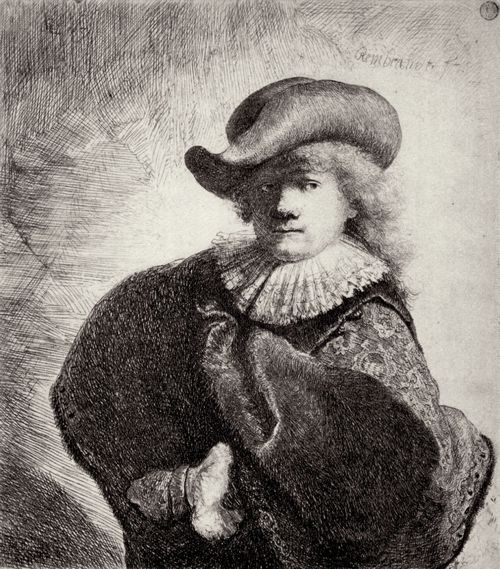 Rembrandt Harmensz. van Rijn: Selbstportrt in Mantel und breitkrmpigem Hut, Halbfigur